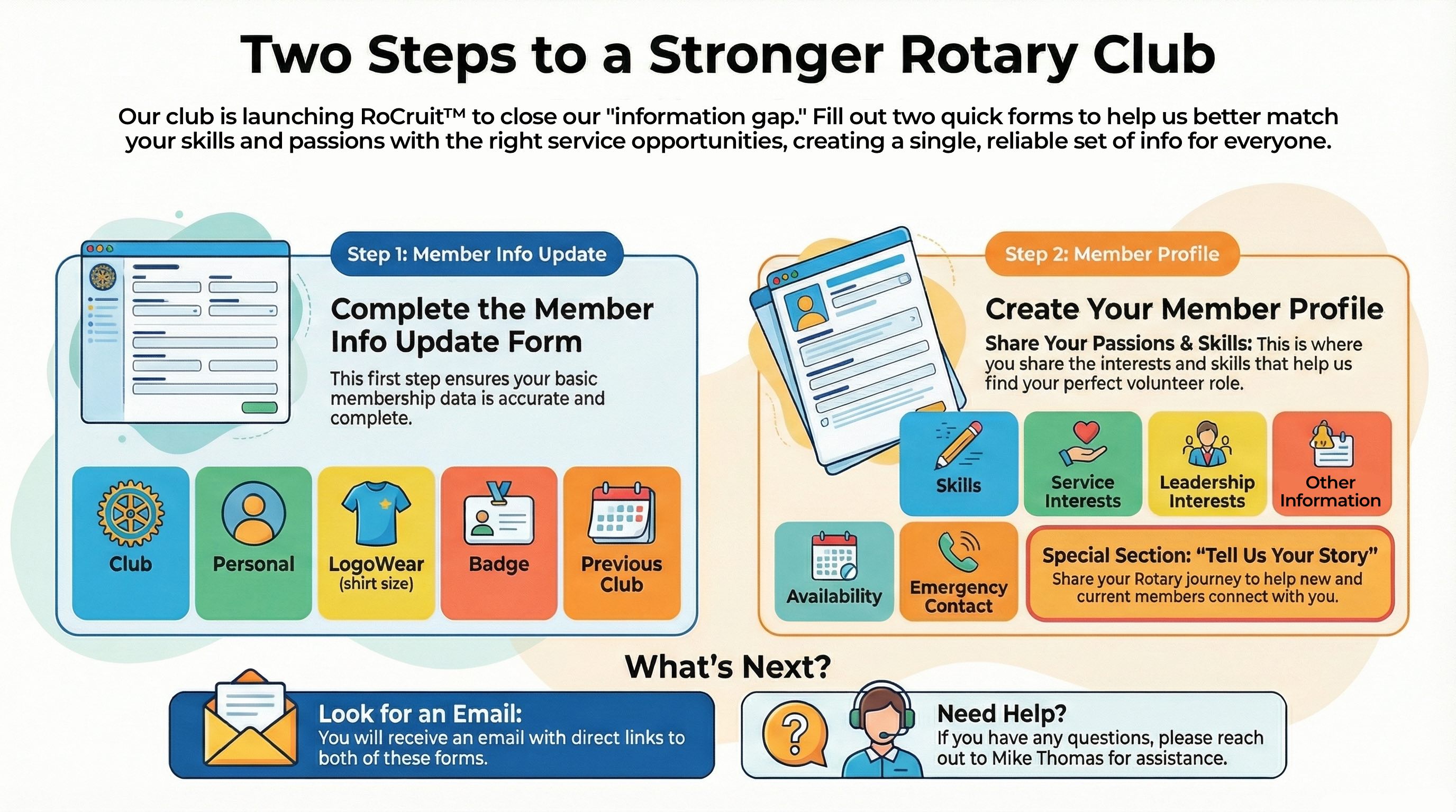 Two steps to a stronger Rotary Club: Step 1 - Complete the Member Info Update Form with club, personal, logowear, badge, and previous club information. Step 2 - Create your Member Profile sharing skills, service interests, leadership interests, availability, and emergency contact.